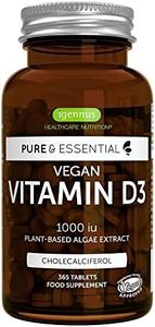 Pure & Essential Vitamina D3 Vegana 1000iu Colecalciferolo fornitura per 1 anno| Estratto naturale e vegetale di alghe | 365 compresse