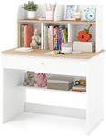HONEY JOY Kids Desk, Wooden Children School Study Table with Hutch, Pull-Out Drawer, Storage Shelves, Student Writing Desk Computer Workstation for Bedroom, 3+ Years Old, White