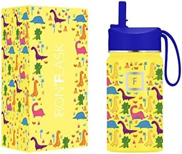 IRON °FLASK Kids Water Bottle - 14 Oz, Straw Lid, 20 Name Stickers, Vacuum Insulated Stainless Steel, Double Walled Tumbler Travel Cup, Thermo Mug, Metal Canteen (Dino Mates)