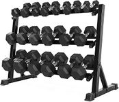 MAGMA 5-50 LB 550-Pound Rubber Hex Dumbbell Set with Premium 3-Tier Storage Rack