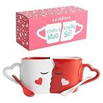 Kissing Mugs Set with Gift Box| Large Matching Couple Mugs| Ceramic Chip-Free Stoneware| Mr Mrs Him Her Bride Groom Husband Wife| Romantic Quirky Present for Weddings Anniversaries Valentine's Day.