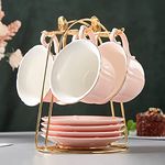 DUJUST Tea Cups and Saucers Set of 4 (8 OZ), Candy Color Tea Cup Set with Golden Trim, Petal Edge Coffee Cups with Metal Stand, Simple Style Porcelain Tea Party Set - Pink