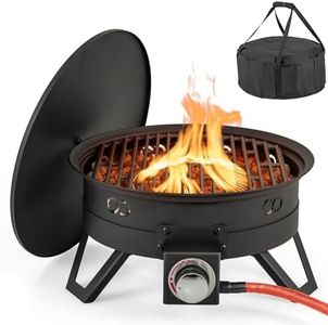 COSTWAY Outdoor Gas Fire Pit, Portable 58,000 BTU Propane Patio Heater with Folding Legs, Removable Grill, Carrying Bag, Lava Rocks and Tank Seat, 44cm Diameter BBQ Firepit Bowl for Garden, Camping