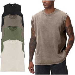 Yimoon Sleeveless Shirts for Men Workout Tank Tops Cotton Acid Wash Muscle Shirts Baggy Gym Tees(BlackKhakiBeigeArmy-S)