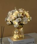 KELINGO Aitificial LED White Rose Flowers with Glass Vase, Flower Arrangement for Table Centerpiece, Home Office Wedding Decoration