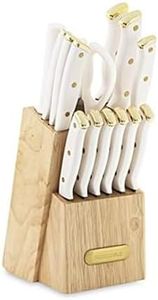 Farberware 15 Piece Triple Riveted Knife Set, High Carbon Stainless Steel Kitchen Knives, Sharp Knife Set with Wood Block, White and Gold