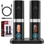 COSYAIREY Electric Salt and Pepper Grinder Set, 𝟮𝟬𝟮𝟯 𝙉𝙚𝙬 Rechargeable Salt and Pepper Mill with Charging Base, White LED Light, One Hand Automatic Operation, Adjustable Coarseness, Black, 2Pack