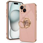 Tveinan for iPhone 15 Case with 360° Rotation Ring Holder Stand, Slim Soft Shockproof Cover with Magnetic Car Holder for iPhone 15, Flexible TPU Phone Case for iPhone 15 - Pink
