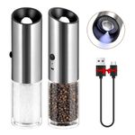 VEVOK CHEF Electric Salt and Pepper Grinder Set Rechargeable with LED Light USB Automatic Gravity Stainless Steel Pepper Mill Spice Grinder Adjustable Coarseness