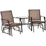 Outsunny Patio Double Glider Chair with Glass Top Center Table, Outdoor Glider Chair with High Back, Sling Fabric for Garden, Bench, Brown