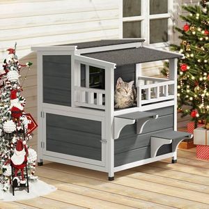 YITAHOME Two Story Outdoor Cat House with Balcony, Large Feral Villa Cat Shelter Weatherproof, 2 Story Outside Cat House for Multiple Cats