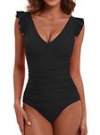 LAPHEE ROSE One Piece Swimsuit for Women Tummy Control Bathing Suits Ruched Swimwear-Black-L