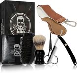 MenGate Straight Edge Razor Shaving Kit, Including Steel Shaver & Shaving Brush & Wooden Beard Comb & Brush, Beard Grooming Scissors, Idea Gift for Christmas, Birthday, Father's Day for Men-L