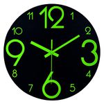 Plumeet Luminous Wall Clocks - 12'' Non-Ticking Silent Wooden Clock with Night Light - Large Numbers Decorative Wall Clock for Kitchen Office Bedroom (Black Face)