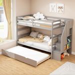 KOMFOTT Wood Twin Over Twin Bunk Bed with Trundle & Storage Stairs, Bunk Bed Frame with Protective Guardrails for Kids Room, Bedroom, Convertible to 2 Separated Beds, No Box Spring Needed (Gray)