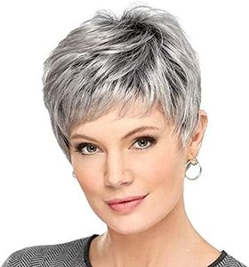 Gray Wigs for Women, Temperament, Oblique Bangs, Texture, Fluffy Short Hair, Black Gradient Silver, Middle-Aged and Elderly Women’S, Natural Hair Wig for Daily Use, Suitable for Girls and Women