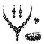 EVER FAITH Costume Rhinestone Jewelry Sets for Women, Crystal Gorgeous Floral Wave Teardrop Necklace Dangle Earrings Bracelet Ring Set Black Black-Tone