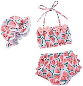 Yccutest Toddler Girl Swimsuits Infant Baby Girl Bathing Suit Bikini Sets Swimwear 3 Piece Summer Beach Outfit Top Shorts Hat, Pink Watermelon, 12-18 Months