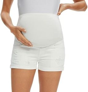 Foucome Maternity Denim Shorts Over Bump Ripped Distressed Roll Hem Blue Jean Shorts Comfy Summer Pregnancy Shorts (White, M)