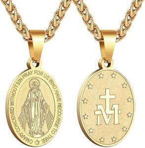 RS Virgin Mary Necklace for Men Boys Miraculous Medal Stainless Steel Mary Mother of God Pendant De La Virgen Maria Medallion Holy Mary Charm, Stainless Steel, No Gemstone