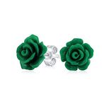 Romantic Delicate Floral 3D carved Dark Green Rose Flower Stud Earrings For Women Teen For Mother Silver Plated