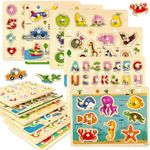 edutree Wooden Peg Puzzles for Toddlers 2-4, 6 Pack Educational Peg Puzzles Montessori Toys, Learning Puzzles for Kids Girs Boys 1-3 3-5 with Alphabet Number Animal Vehicle Shape