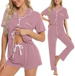 SWOMOG Womens 3pcs Pajamas Set Button Down Sleepwear Soft Short Sleeve Nightwear with Shorts Long Pant Pjs Loungewear Taro Purple Small