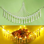 HAUTOCO Stuffed Animal Net or Hammock with LED Light and Hooks, Hammock Corner for Stuffed Animal Storage, Boho Hanging Stuffed Animal Net for Bedroom Nursery Decor(White)