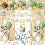 Sage Green Birthday Decorations, Sage Green Party Decorations, Green White Sand Balloons Happy Birthday Banner Tablecloth Fringe Curtain Paper Pom Poms for Kids Women Men Girls Boys Birthday