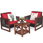 Tangkula 3 Pieces Patio Wicker Furniture Set, Rattan Outdoor Sofa Set w/Washable Cushion & Acacia Wood Coffee Table, Conversation Bistro Set for Garden Balcony Backyard (Red)