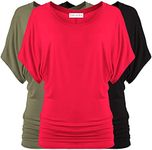 Free to Live 3 Pack Dolman Sleeve Tunic Dressy Business Casual Tops for Women Short Sleeve Shirts Work Outfits Travel Clothes, Black, Olive, Red, Medium