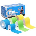 SUPERBE Kinesiology Tape (3 Rolls Pack), Elastic Sports Tape for Athletic Sports, Pain Relief, Recovery and Physio Therapy, 2 Inch x 16.4 feet (Blue, Green, Yellow)