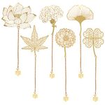 AIEX 6pcs Metal Leaf Bookmarks with Chain, Golden Hollow Exquisite Metal Bookmarks Ginkgo Carnation Flower Maple Leaf for Book Lovers Readers Teens Women Men