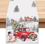 Bonhause Christmas Truck Table Runner, Snow Tree Snowman Table Runner, Seasonal Winter Xmas Holiday Table Runner for Kitchen Home Decor, 33 x 183 cm Xmas Red Truck Table Decor