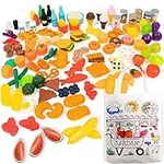 JaxoJoy Pretend Play Food Set, Toy Food Assortment Playset for Kids & Toddlers, Pretend Play Food Sets, Kids Kitchen Playset, Kitchen Toys, Reusable Color-in Bag, Play Kitchen Accessories (150pcs)