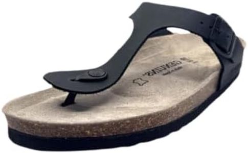 Genuins Black Rosas Oiled Leather Sandals Cork Footbed Slides Adjustable Buckle Strap Fit Arch Support Comfort Toe Post Sandal Lightweight EVA Sole Casual Summer Travel Wear, 8 US Women / 6 US Men