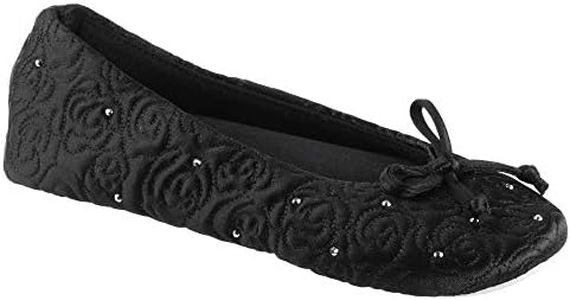 isotoner Women's Ballerina Slippers with Terry Lined and Rose Quilt, Black, 9.5-10.5