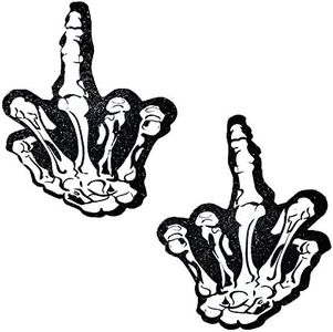 Neva Nude F You Skeleton Hand Black Glitter Nipztix Pasties Nipple Covers for Festivals, Raves, Parties, Lingerie and More, Medical Grade Adhesive, Waterproof and Sweatproof, Made in USA