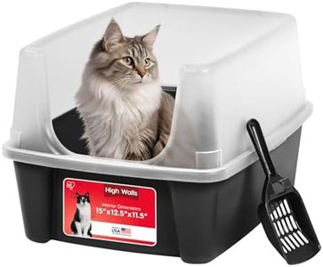 IRIS USA Open Top Cat Litter Tray with Scoop and Scatter Shield, Sturdy Easy to Clean Open Air Kitty Litter Pan with Tall Spray and Scatter Shield, Black/Clear