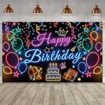 Happy Birthday Backdrop Banner, KooteenYao 71 × 43 inch Large Happy Birthday Banner Backdrop, for Women Men Girls Boys Birthday Party Decorations (20 Balloons Black)