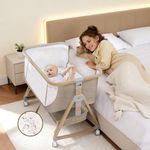 Jestonten Baby Bassinet, Basinet Bedside Sleeper with Waterproof Bassinet Sheets and Soft Mattress, Safe Adjustable Height Bedside Bassinets with Wheels, Girl/Boy Bassinets, Khaki