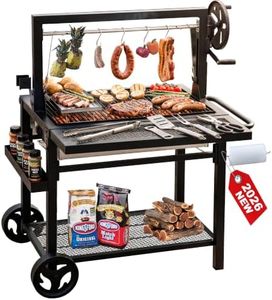 Argentine Santa Maria Grill, Wood Fire & Charcoal BBQ Grill with Adjustable Height Grates, Argentinian Open Fire Grill with S-Hooks and Foldable Front Table for Outdoor Patio Backyard Gaucho Grilling