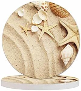 Pznen Seashells On Sand Coasters Set for Wood Table Summer Tropical Beach Sand Wave Nature Starfish Marine Sea Star Tabletop Protection Mat for Mugs and Cups 4 Inch for Kitchen Office Home