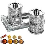 Crystal Salt and Pepper Shakers Set with Tray,Sparkly Crystal Crushed Diamond House Decor for Kitchen,Bling Salt Pepper Jar Container Pot for Countertop,saleros para cocina elegantes,Silver