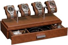 ROTHWELL Luxury Watch Display Case for 4 Watches – Leather Watch Box with Acrylic Cover and Removable Slide in Cushions – Accessory Drawer with Multiple Configurations (Tan/Brown)