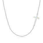 EVER FAITH 925 Sterling Silver White AB Opal Simple Classic Small Sideways Cross Choker Necklace Jewelry Gifts for Women Her