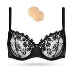 WingsLove Women's Sexy Lace Bra See Through Bralette Demi Sheer Mesh Balconette Unlined Underwire Embroidered （Black, 34DDD）