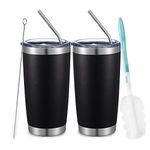 COMOOO 20oz Double Wall Vacuum Insulated Travel Mug, Stainless Steel Tumbler with Lid and Straw Durable Powder Coated Insulated Coffee Cup for Cold & Hot Drinks (Black. 2 Pack）