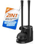 Toilet Plunger and Brush, Bowl Brush and Heavy Duty Toilet Plunger Set with Holder, 2-in-1 Bathroom Cleaning Combo with Modern Caddy Stand (Black, 1 Set)