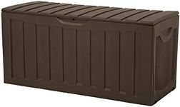Ram Quality Products Plastic 90 Gallon Outdoor Lockable Backyard Storage Bin Deck Box for Cushions, Pool Accessories, and Towels, Brown